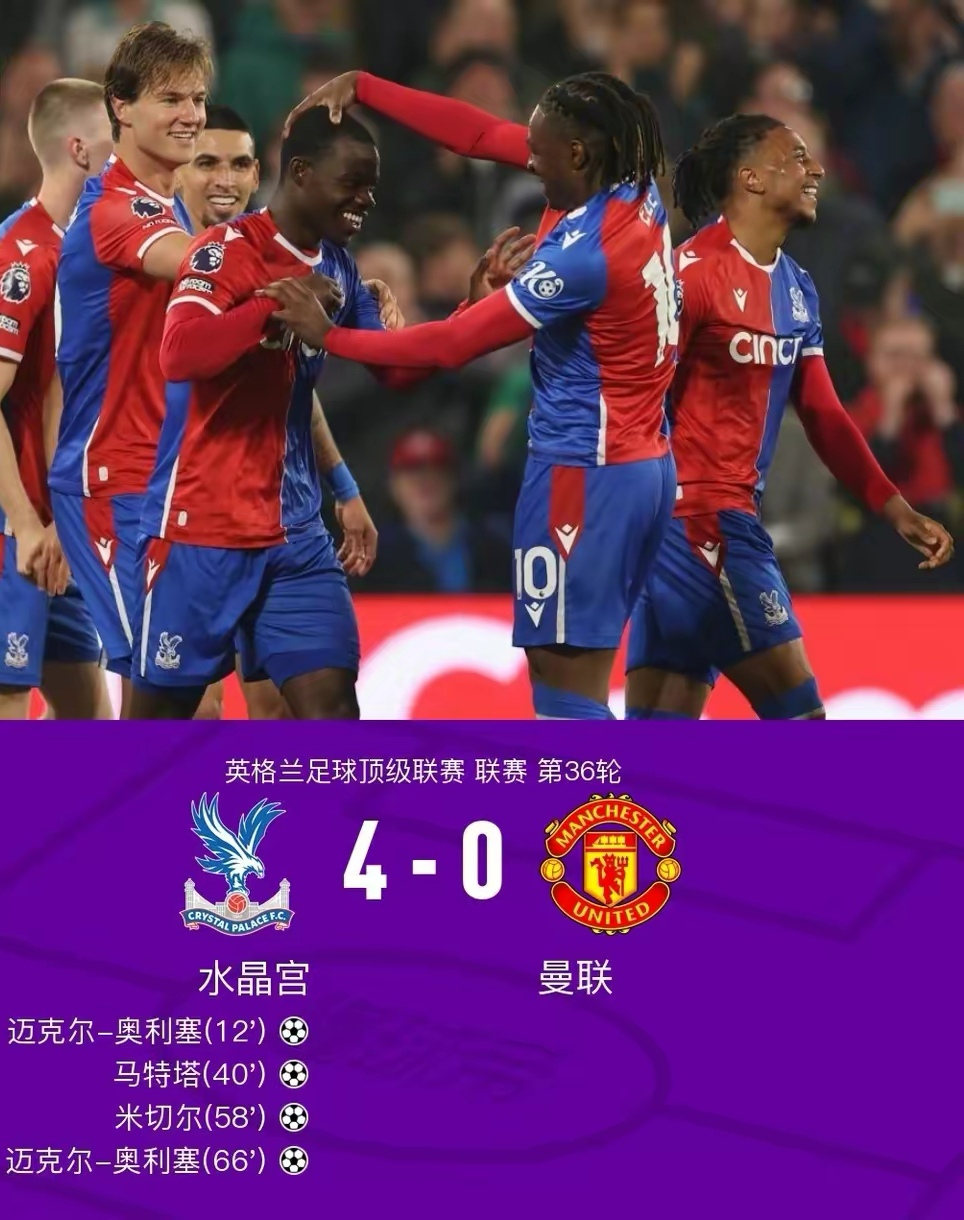 曼联4-1大胜水晶宫,暂时登顶英超积分榜 曼联4-1大胜水晶宫,暂时登顶英超积分榜